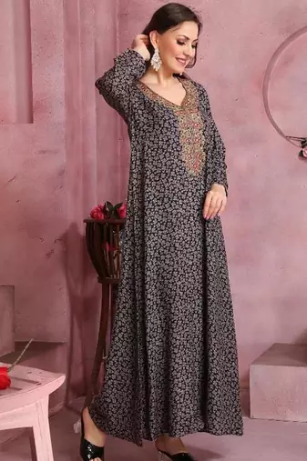 Multicolor thread embroidery A-Line Jalabiya on fancy printed fabric
