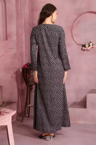 Multicolor thread embroidery A-Line Jalabiya on fancy printed fabric