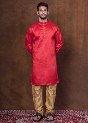 Red dupion kurta churidar set for men with solid print 1