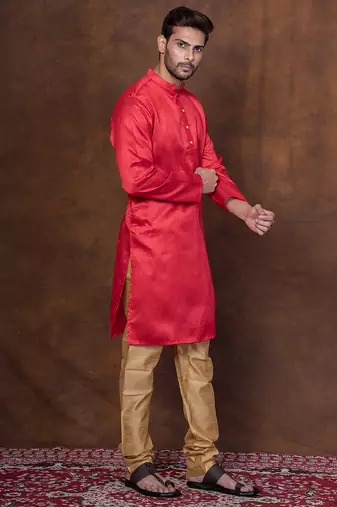 Red dupion kurta churidar set for men with solid print