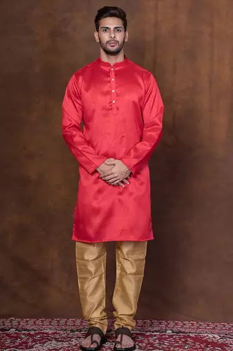 Red dupion kurta churidar set for men with solid print