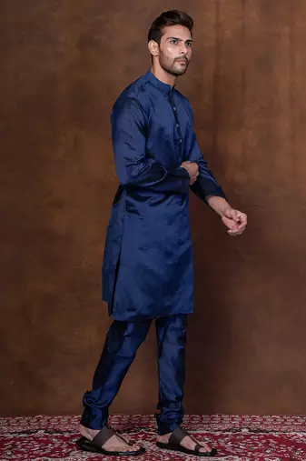 Navy blue dupion kurta churidar set for men with solid print