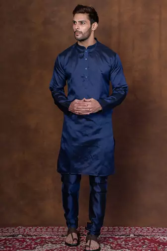 Navy blue dupion kurta churidar set for men with solid print