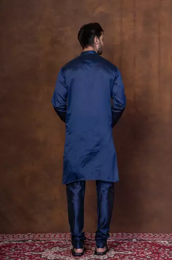 Navy blue dupion kurta churidar set for men with solid print