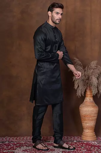 Black dupion kurta churidar set for men with solid print