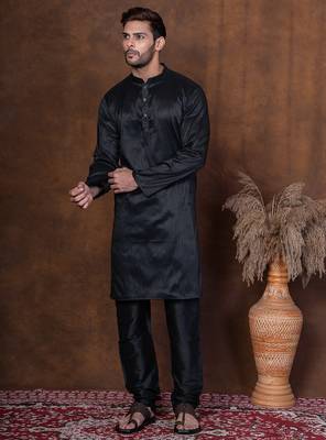 Black dupion kurta churidar set for men with solid print 3