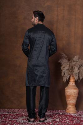 Black dupion kurta churidar set for men with solid print 4