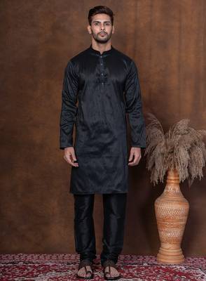 Black dupion kurta churidar set for men with solid print 5