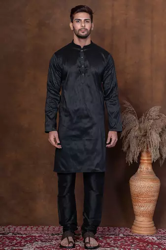 Black dupion kurta churidar set for men with solid print