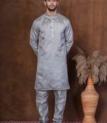 Grey dupion kurta churidar set for men with solid print