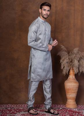 Grey dupion kurta churidar set for men with solid print 2