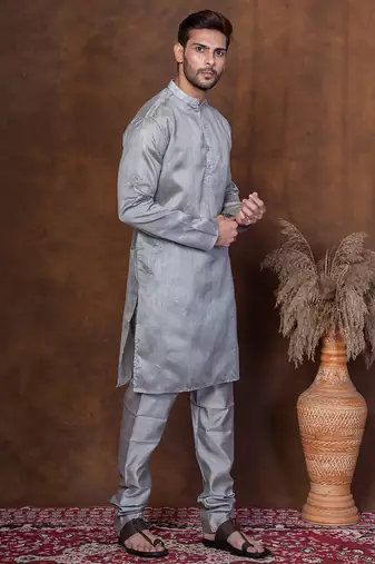 Grey dupion kurta churidar set for men with solid print