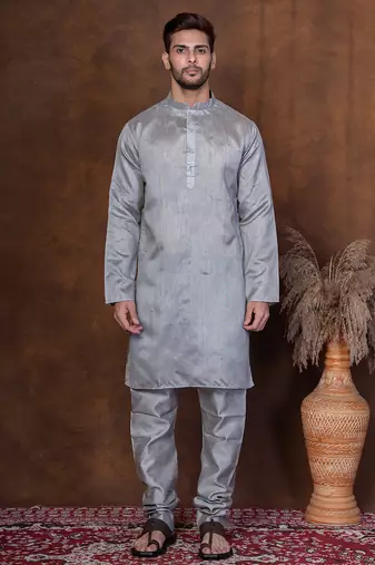 Grey dupion kurta churidar set for men with solid print