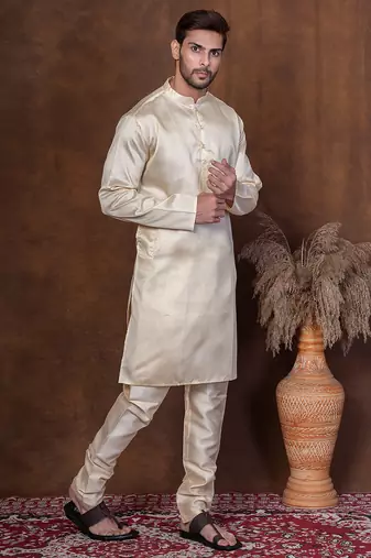 Grey dupion kurta churidar set for men with solid print
