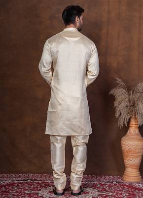 Grey dupion kurta churidar set for men with solid print 4