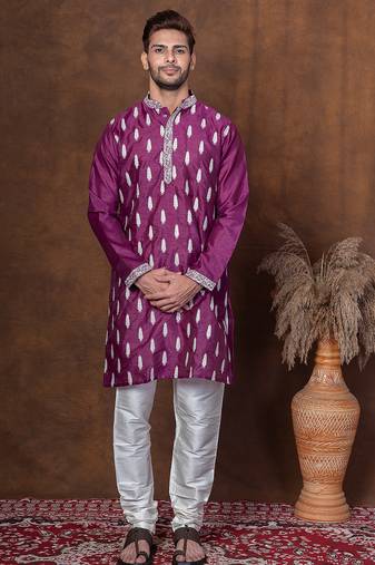 Purple dupion kurta churidar set for men with embroidered work