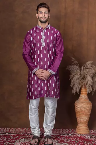 Purple dupion kurta churidar set for men with embroidered work