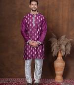 Purple dupion kurta churidar set for men with embroidered work