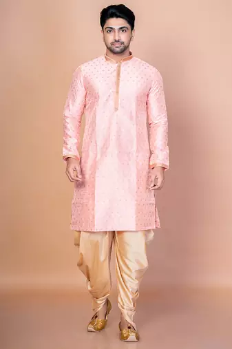 Pink dupion kurta patiala set for men with embroidered work