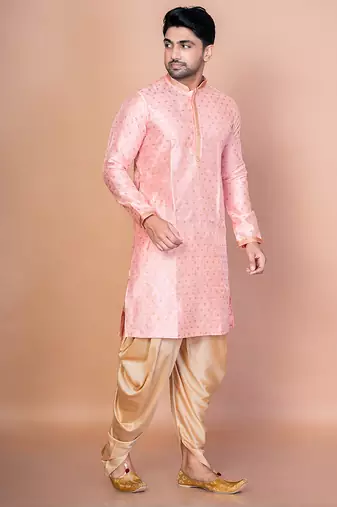 Pink dupion kurta patiala set for men with embroidered work