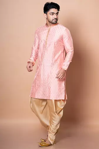 Pink dupion kurta patiala set for men with embroidered work