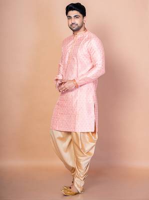 Pink dupion kurta patiala set for men with embroidered work 5