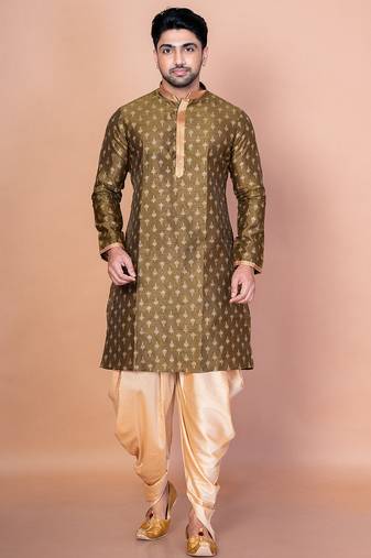 Green dupion kurta patiala set for men with embroidered work