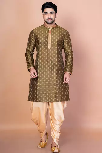 Green dupion kurta patiala set for men with embroidered work