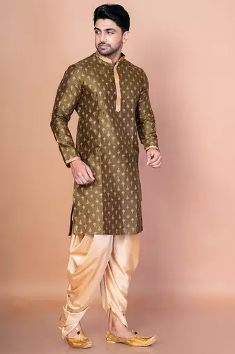 Green dupion kurta patiala set for men with embroidered work