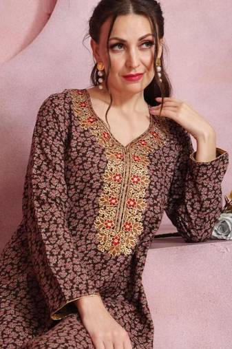 Multicolor thread embroidery A-Line Jalabiya on fancy printed fabric