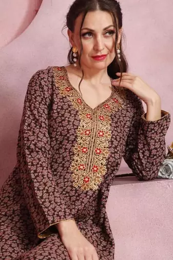 Multicolor thread embroidery A-Line Jalabiya on fancy printed fabric