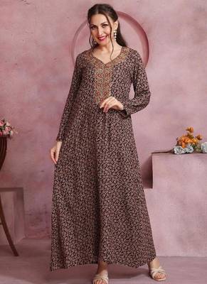 Multicolor thread embroidery A-Line Jalabiya on fancy printed fabric 1