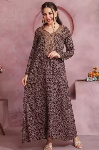 Multicolor thread embroidery A-Line Jalabiya on fancy printed fabric