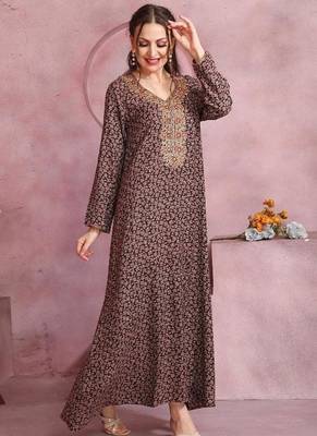 Multicolor thread embroidery A-Line Jalabiya on fancy printed fabric 4