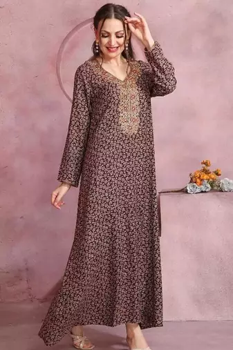 Multicolor thread embroidery A-Line Jalabiya on fancy printed fabric