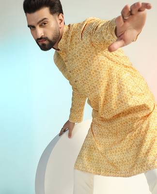 Yellow cotton blend kurta for men with printed design 1