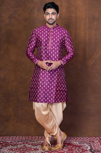 Purple dupion kurta patiala set for men with embroidered work