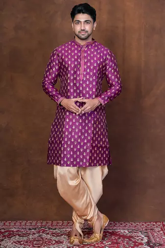 Purple dupion kurta patiala set for men with embroidered work
