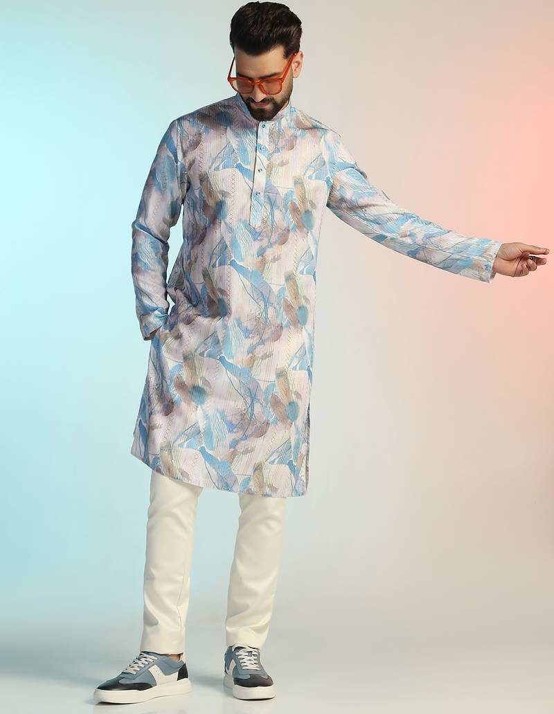 Blue cotton blend kurta for men with printed design