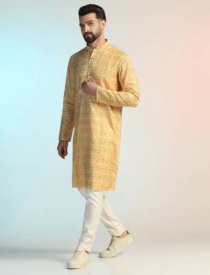 Yellow cotton blend kurta for men with printed design 3