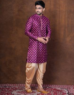 Purple dupion kurta patiala set for men with embroidered work 2