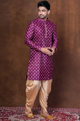 Purple dupion kurta patiala set for men with embroidered work