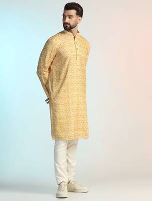 Yellow cotton blend kurta for men with printed design 4