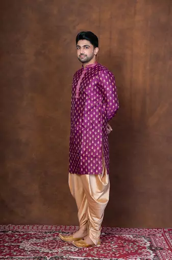Purple dupion kurta patiala set for men with embroidered work