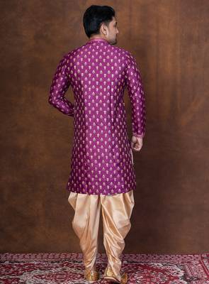 Purple dupion kurta patiala set for men with embroidered work 4