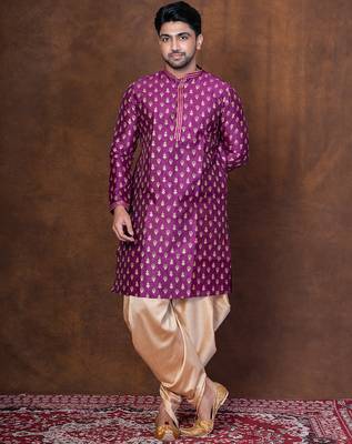 Purple dupion kurta patiala set for men with embroidered work 5