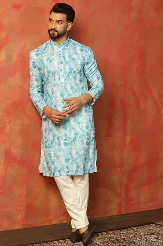 Sky blue cotton blend kurta pajama set for men with printed design