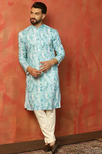 Sky blue cotton blend kurta pajama set for men with printed design