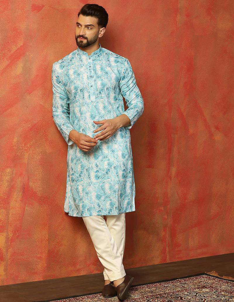 Sky blue cotton blend kurta pajama set for men with printed design