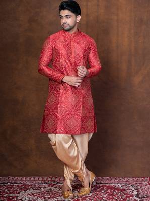 Red dupion kurta patiala set for men with embroidered work 1